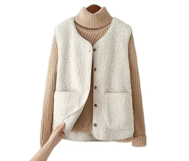 Dos du gilet femme sans manches, coupe décontractée assurant chaleur et douceur, idéal pour la superposition mode.