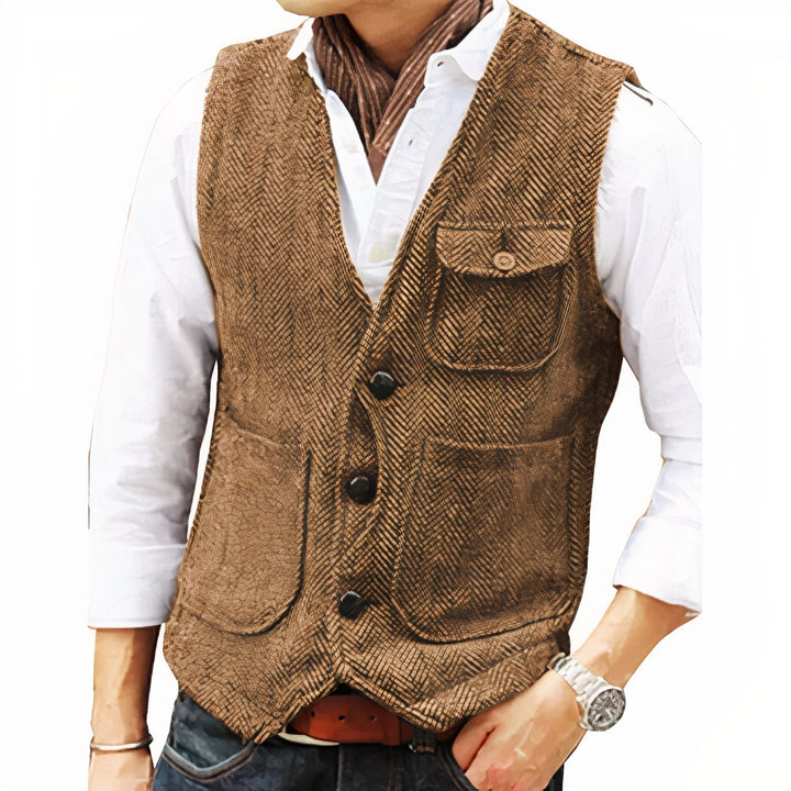 Gilet homme élégant boutonné, idéal pour un look moderne et raffiné en mode masculine.