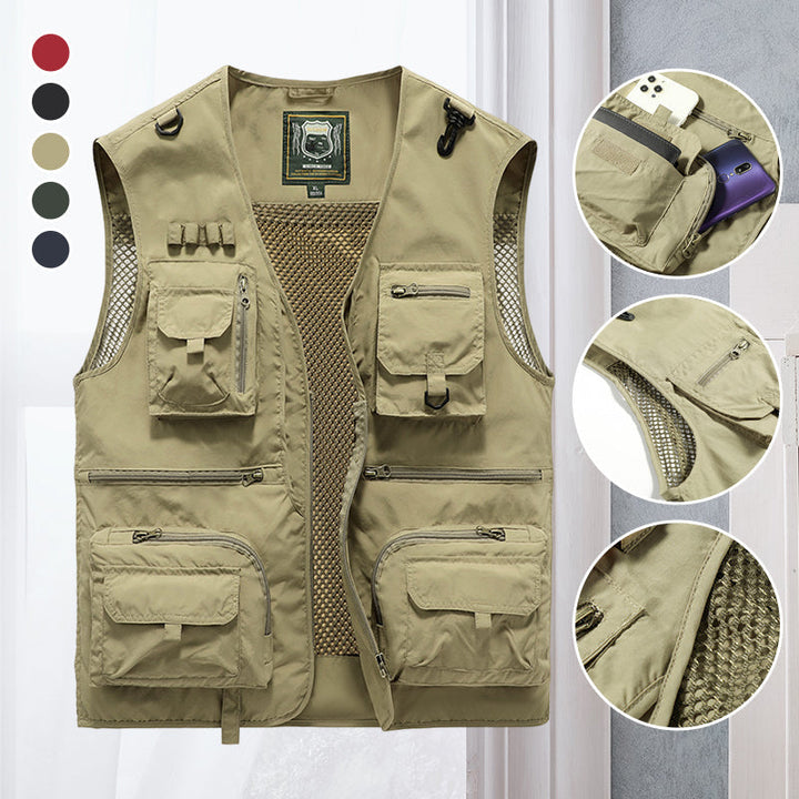Gilet homme léger multi-poches beige idéal pour randonnée, pêche, et voyages d'aventure en plein air.