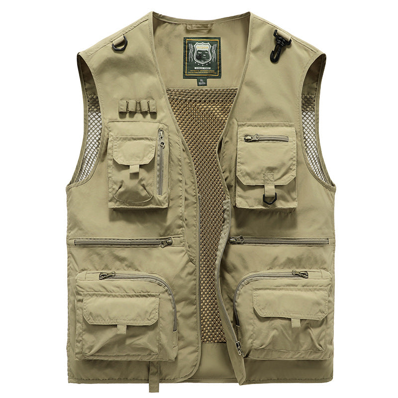 Gilet homme beige multi-poches, idéal pour la photographie, l'observation des oiseaux et les safaris.