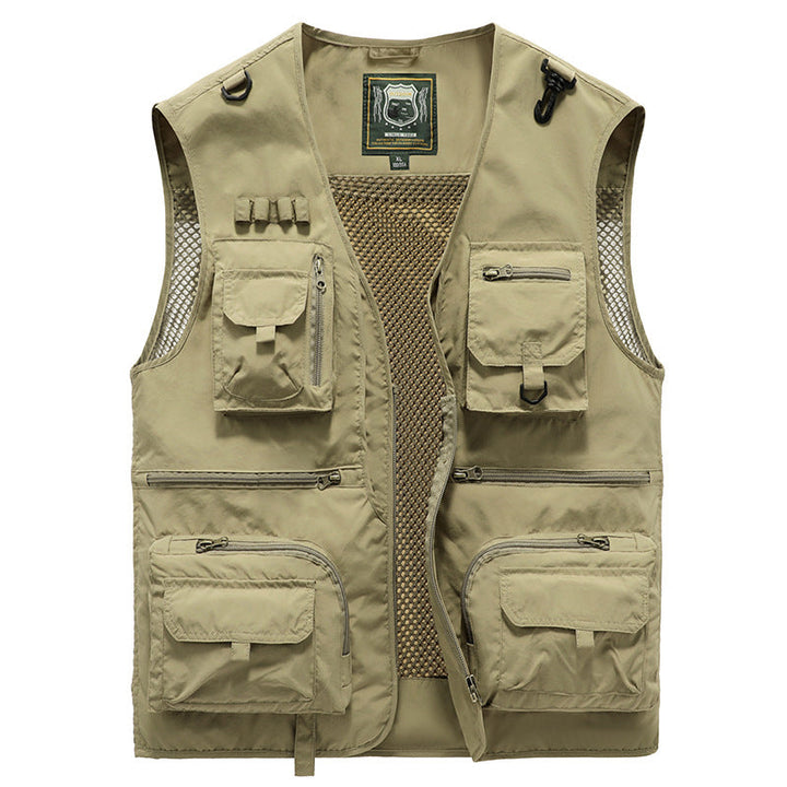 Gilet homme beige multi-poches, idéal pour la photographie, l'observation des oiseaux et les safaris.
