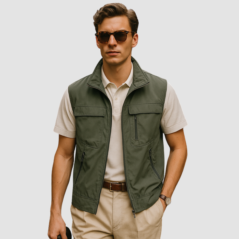 Gilet homme léger zippé été, tissu respirant, style moderne, polyvalent, idéal pour journées ensoleillées et activités extéri