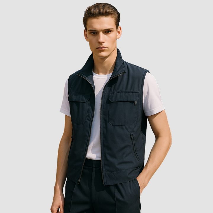 Gilet homme léger zippé été, tissu respirant, style moderne, polyvalent, idéal pour journées ensoleillées et activités extéri