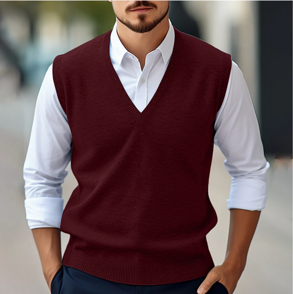 Gilet homme sans manches en coton, élégant et léger.  Coupe ajustée, col V.