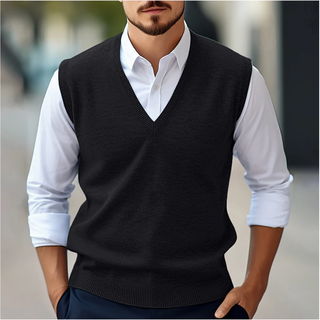 Gilet homme sans manches en coton, élégant et léger.  Coupe ajustée, col V.