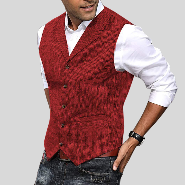 Gilet homme sans manches, tweed bourgogne.  Coupe élégante et intemporelle.
