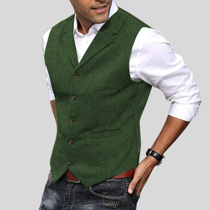 Gilet homme sans manches, tweed bourgogne.  Coupe élégante et intemporelle.