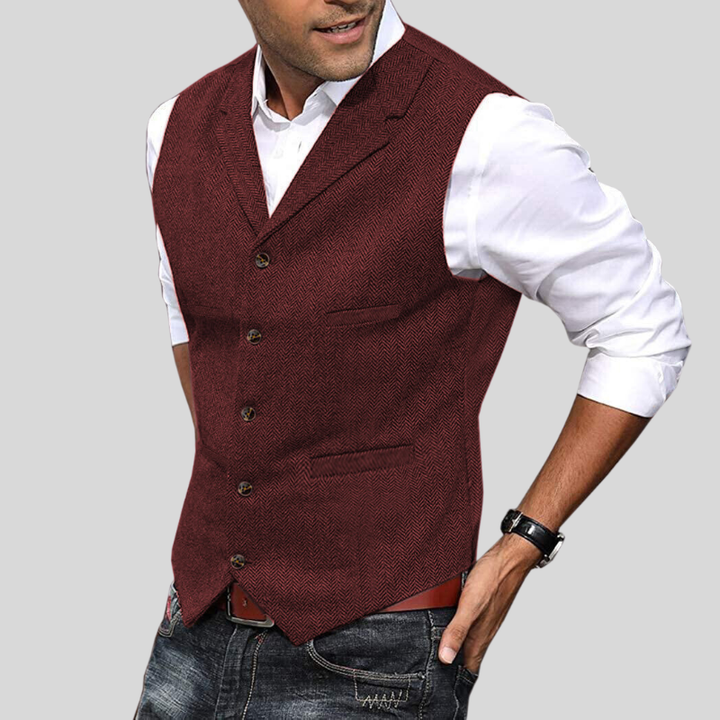 Gilet homme sans manches, tweed bourgogne.  Coupe élégante et intemporelle.