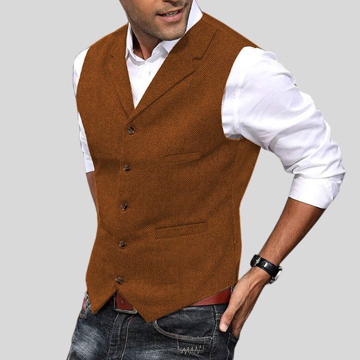 Gilet homme sans manches, tweed bourgogne.  Coupe élégante et intemporelle.