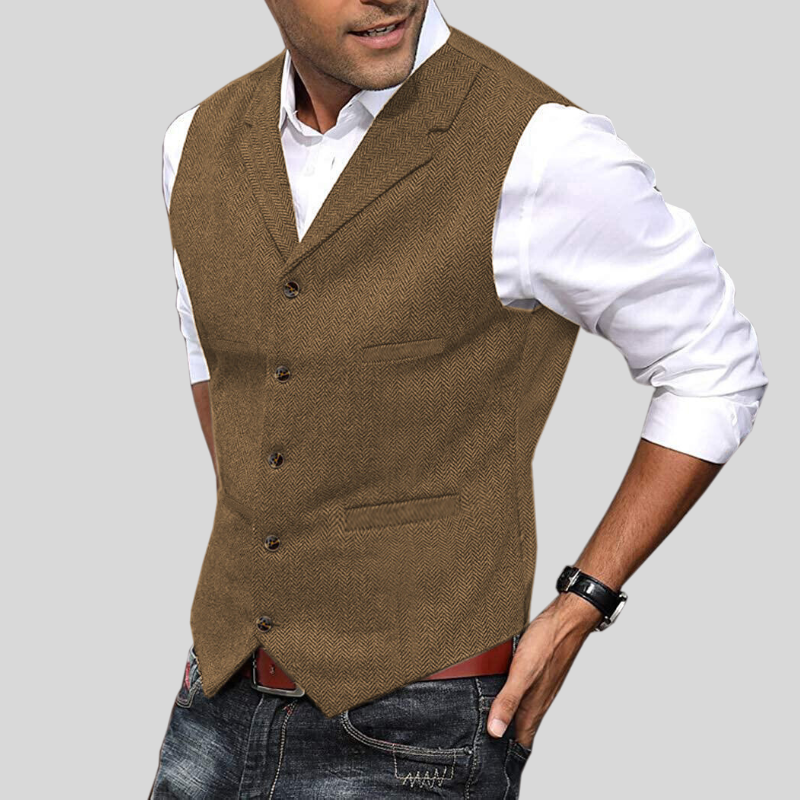 Gilet homme sans manches, tweed bourgogne.  Coupe élégante et intemporelle.