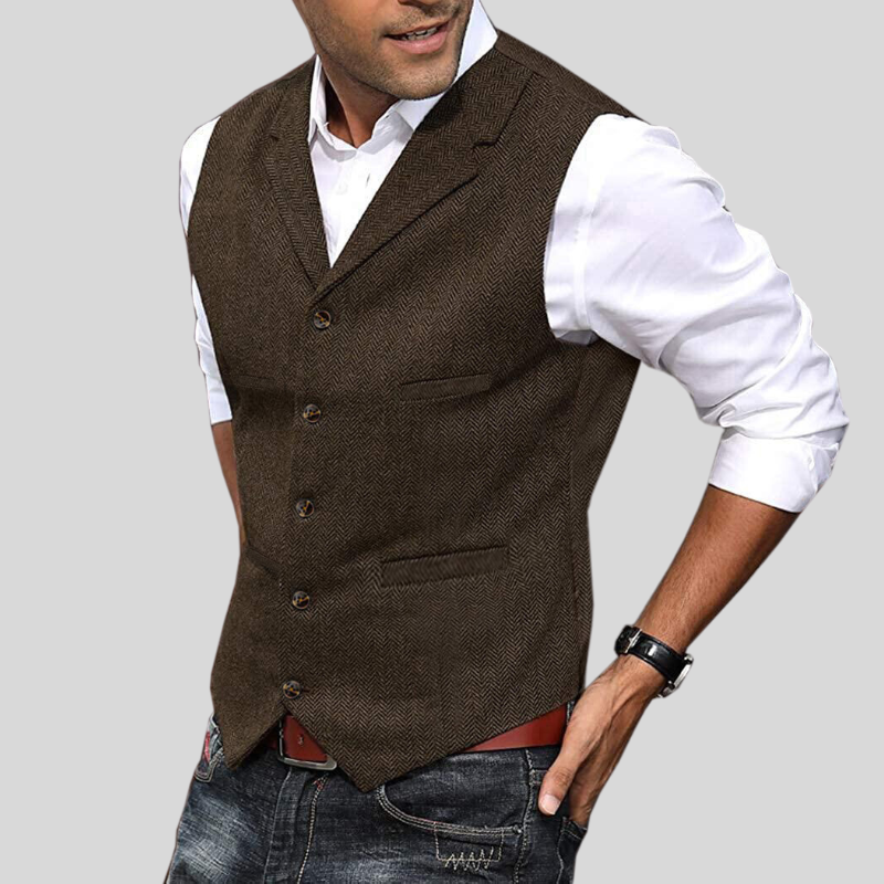 Gilet homme sans manches, tweed bourgogne.  Coupe élégante et intemporelle.