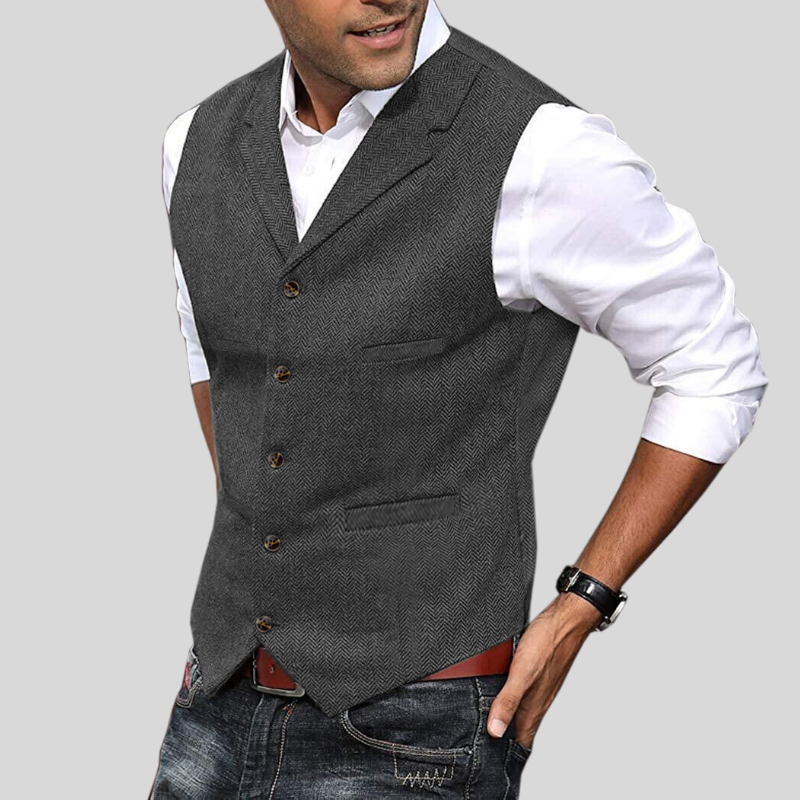 Gilet homme sans manches, tweed bourgogne.  Coupe élégante et intemporelle.
