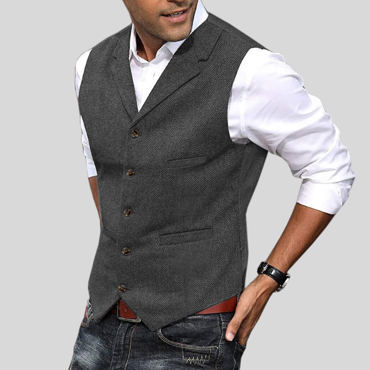 Gilet homme sans manches, tweed bourgogne.  Coupe élégante et intemporelle.