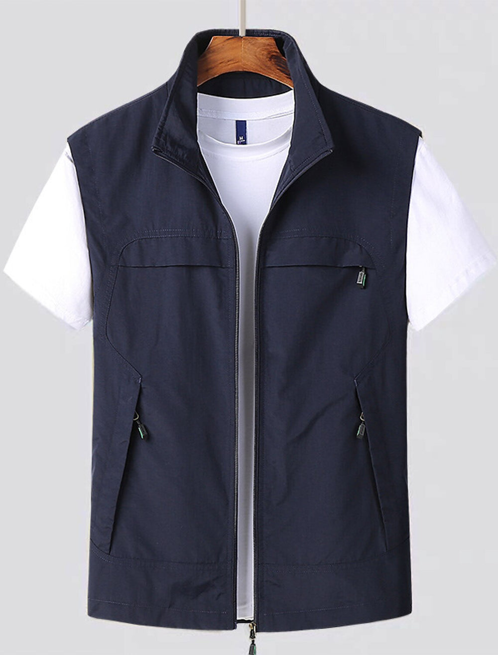 "Gilet homme séchage rapide, léger, manches courtes, pour rando et pêche, bleu, 2XL à 7XL, confort et respirabilité."