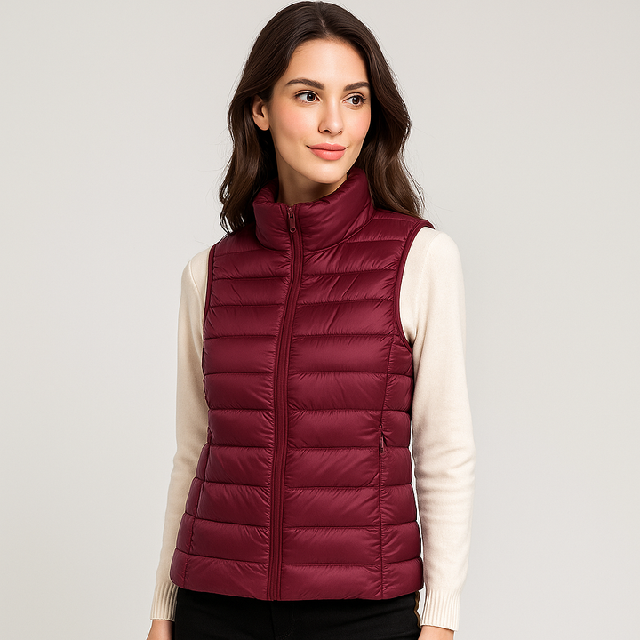 Gilet matelassé femme élégant, moderne, porté avec style, parfait pour printemps/automne.