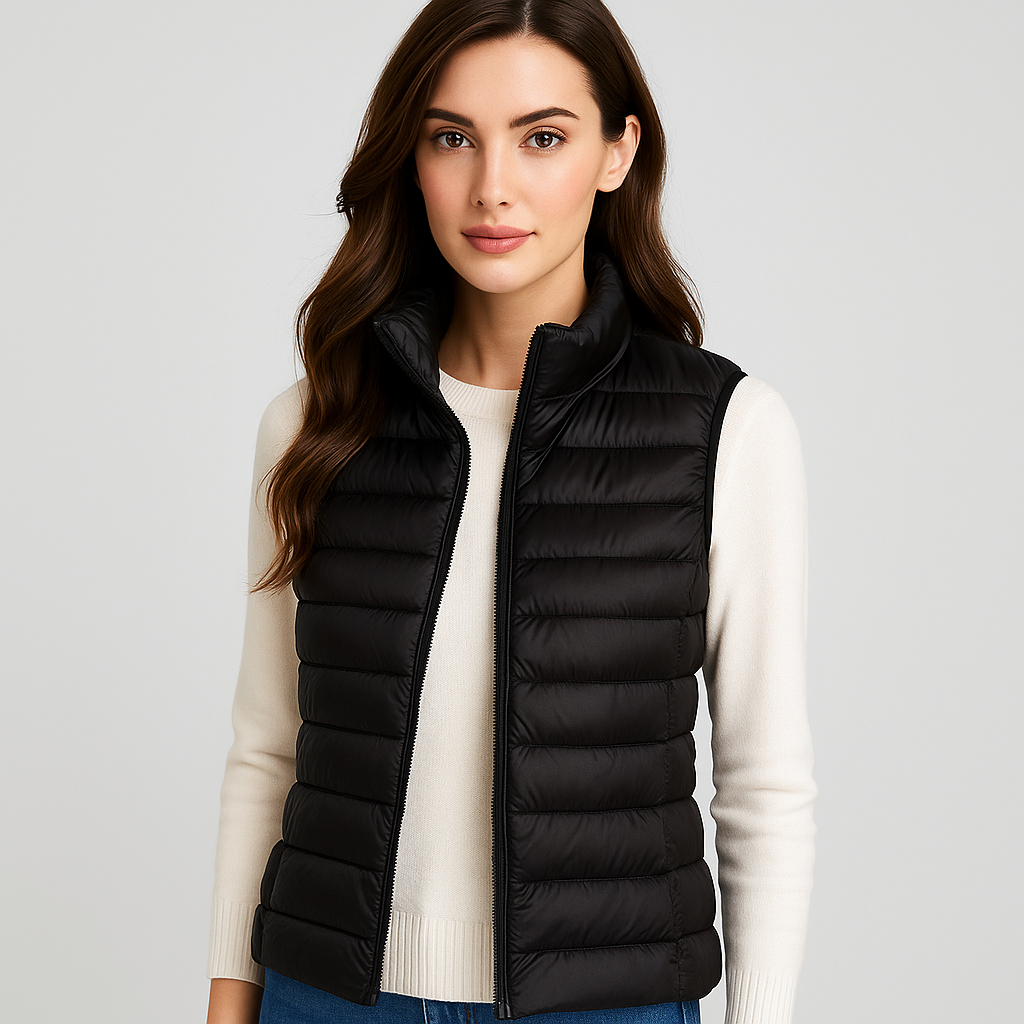 Élégant gilet matelassé femme, coupe-vent, design moderne et confortable pour le quotidien casual.