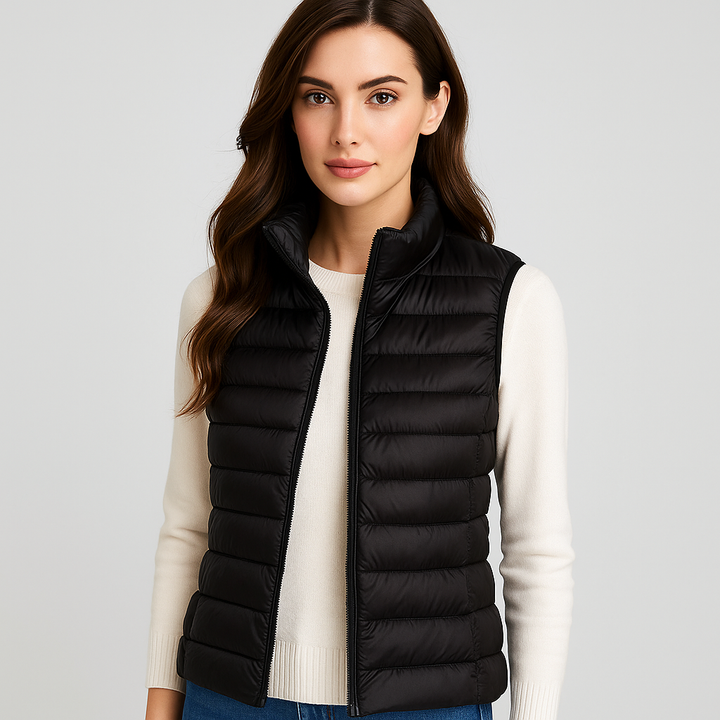 Élégant gilet matelassé femme, coupe-vent, design moderne et confortable pour le quotidien casual.