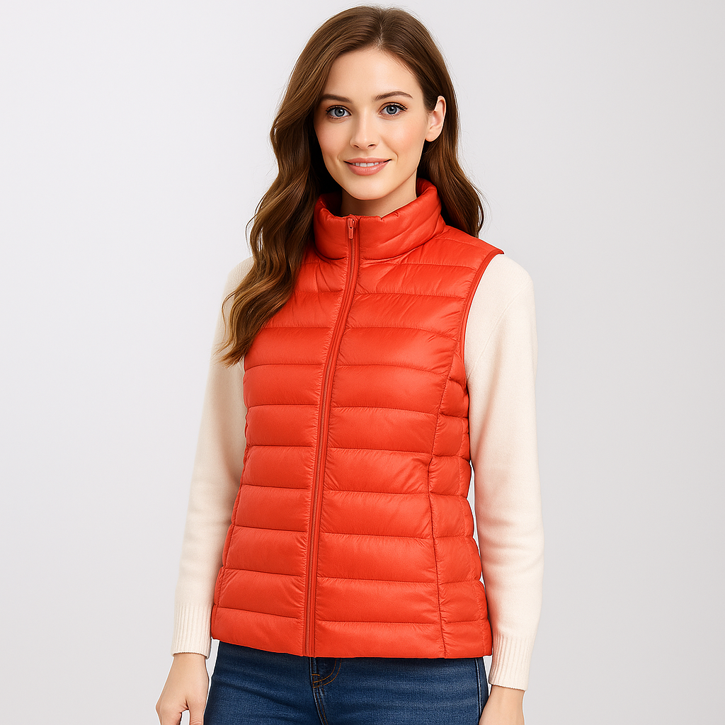 Vue de face du gilet matelassé femme, moderne, léger, coupe-vent, pour automne et printemps.