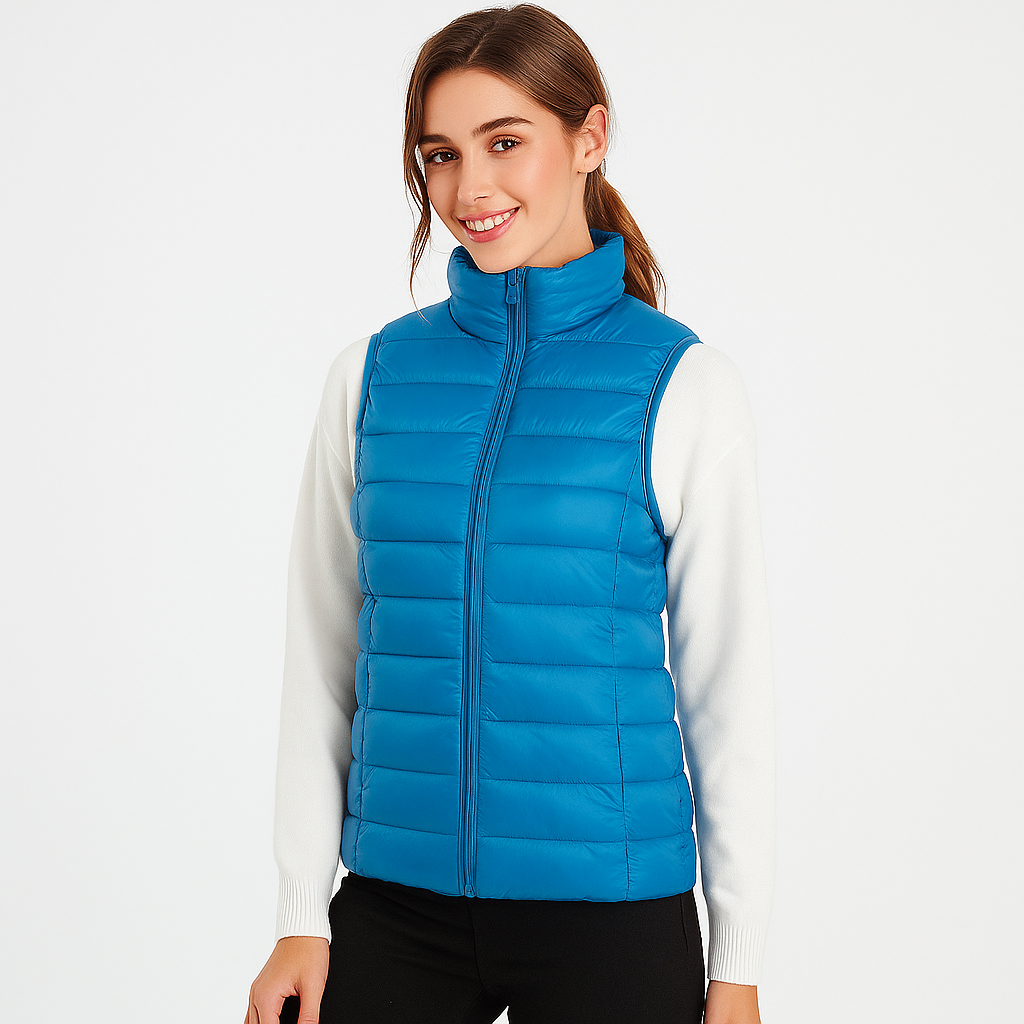 Profil du gilet sans manches femme, matelassé, léger, offrant un confort élégant et moderne.