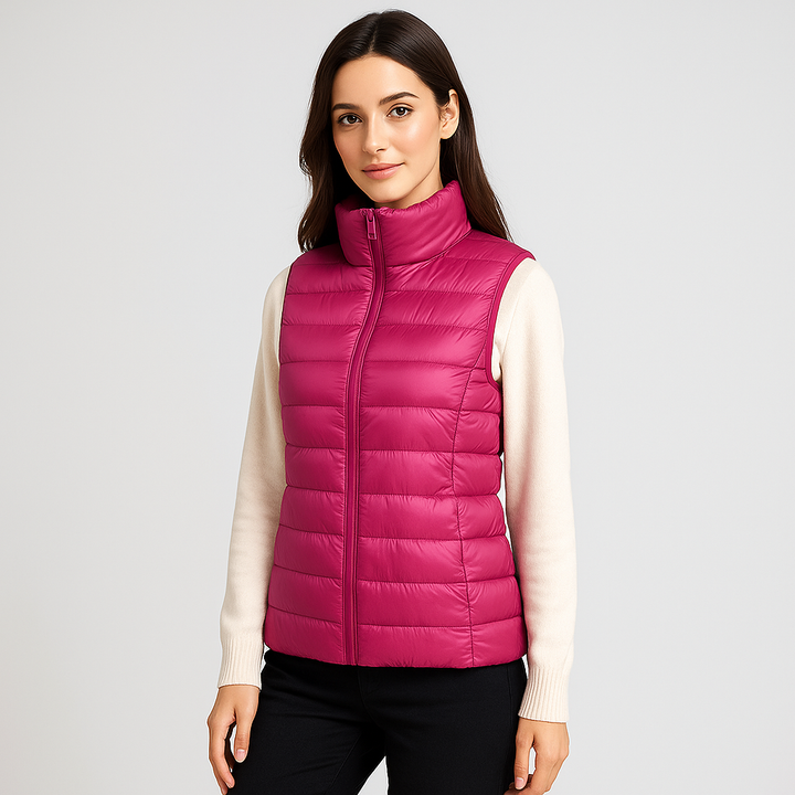Dos du gilet matelassé femme, style moderne, léger et casual, idéal pour l'automne.