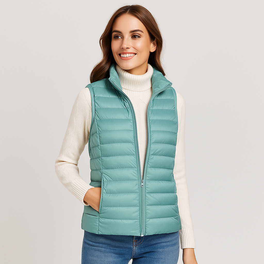 Femme en gilet matelassé léger et moderne, sans manches, pour un look casual chic automne.