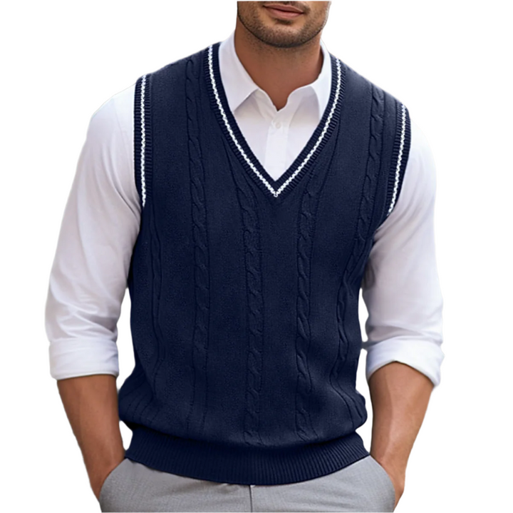 Pull sans manches homme col V, gilet élégant pour tenue bureau ou look casual chic moderne et confortable.