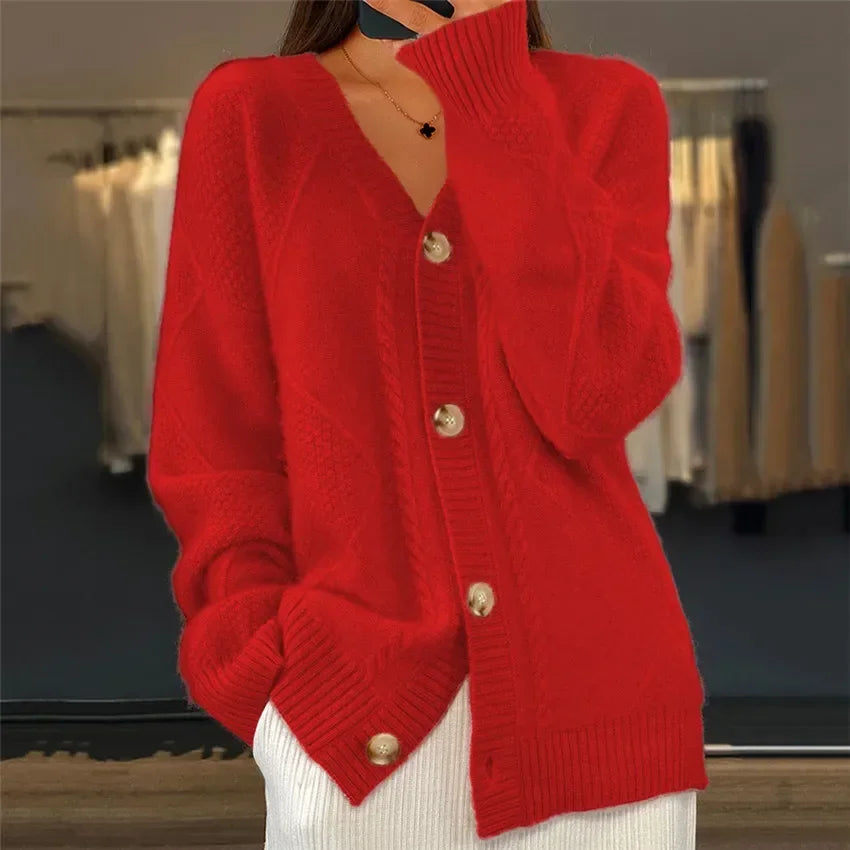 "Gilet tricoté élégant à col V pour femmes, texture luxueuse, manches longues, coupe fluide, disponible en plusieurs couleurs