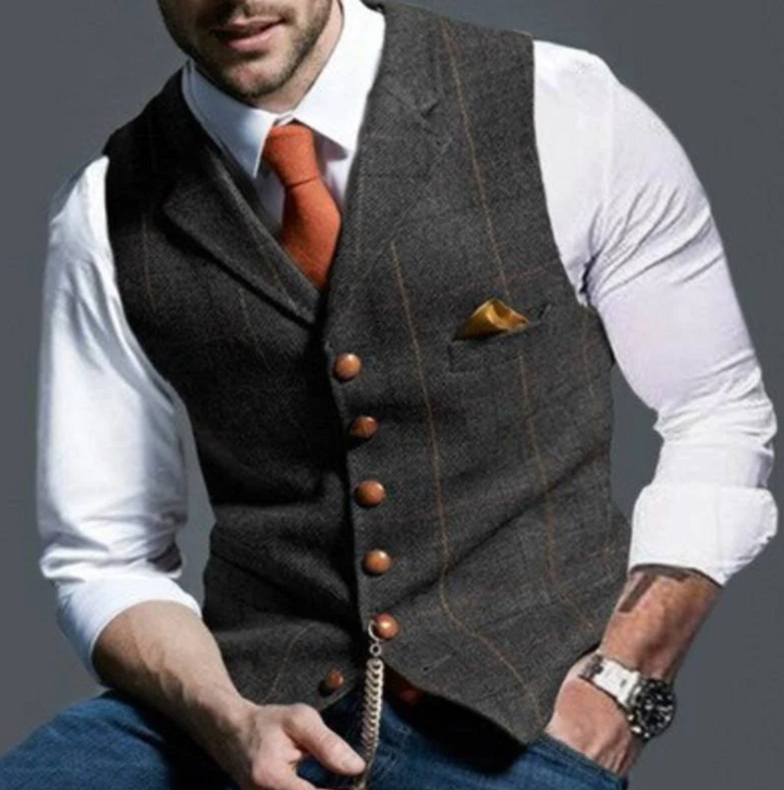 "Gilet tweed à carreaux pour hommes, bouton unique, style classique, coloris variés, élégance intemporelle."