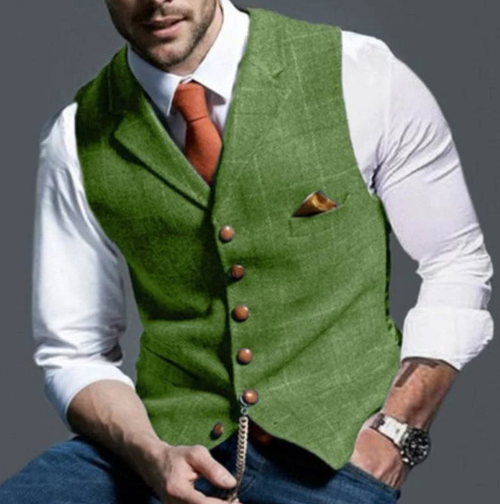 "Gilet tweed à carreaux pour hommes, bouton unique, style classique, coloris variés, élégance intemporelle."