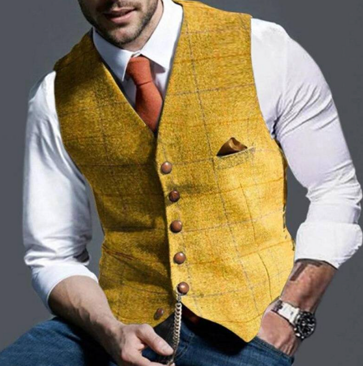 "Gilet tweed à carreaux pour hommes, bouton unique, style classique, coloris variés, élégance intemporelle."