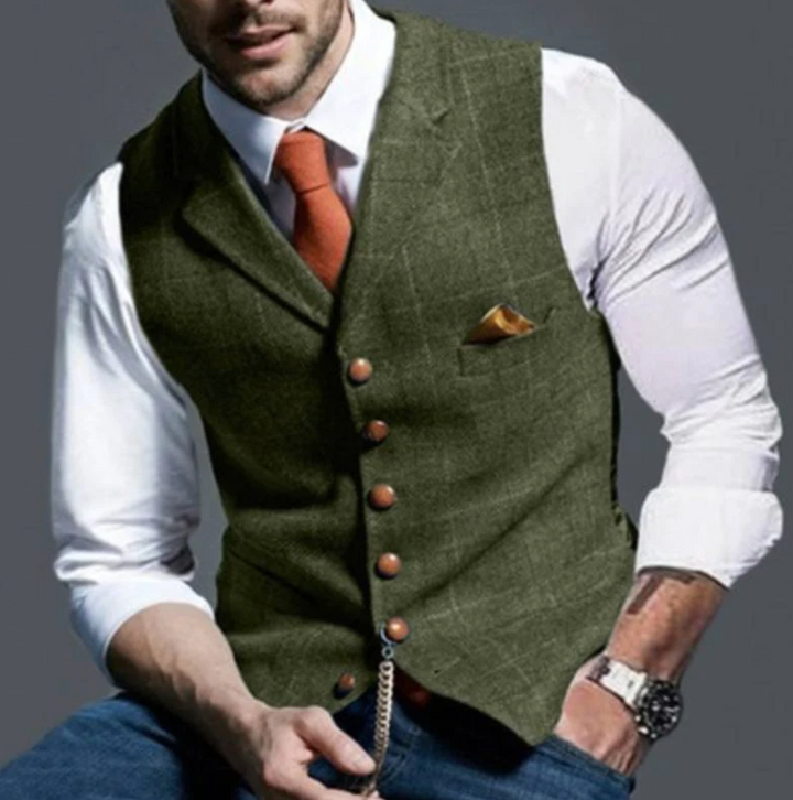"Gilet tweed à carreaux pour hommes, bouton unique, style classique, coloris variés, élégance intemporelle."