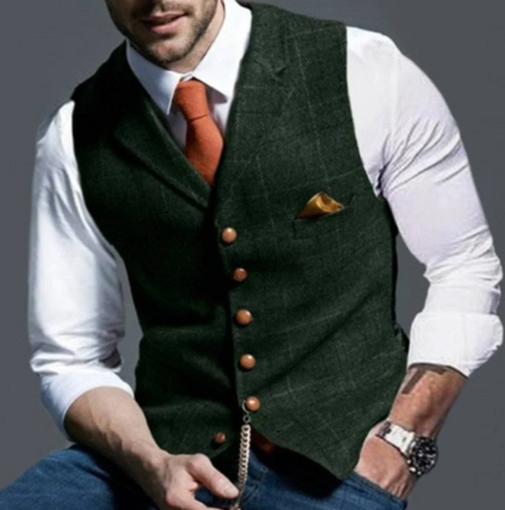 "Gilet tweed à carreaux pour hommes, bouton unique, style classique, coloris variés, élégance intemporelle."