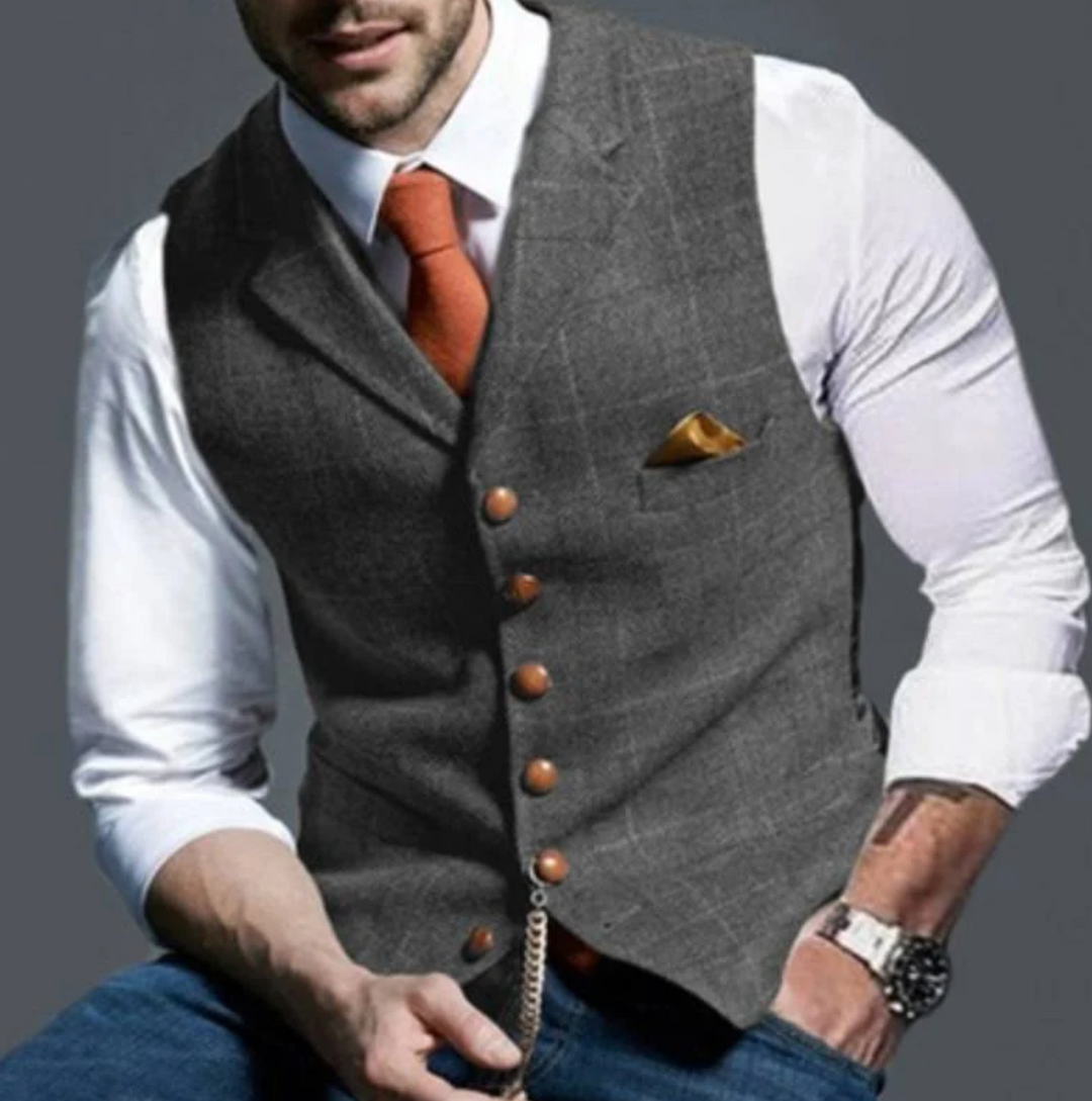 "Gilet tweed à carreaux pour hommes, bouton unique, style classique, coloris variés, élégance intemporelle."