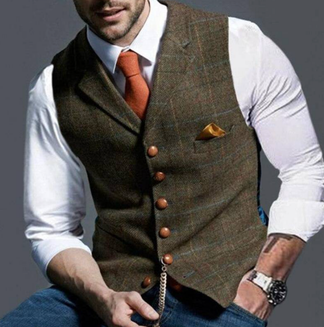 "Gilet tweed à carreaux pour hommes, bouton unique, style classique, coloris variés, élégance intemporelle."