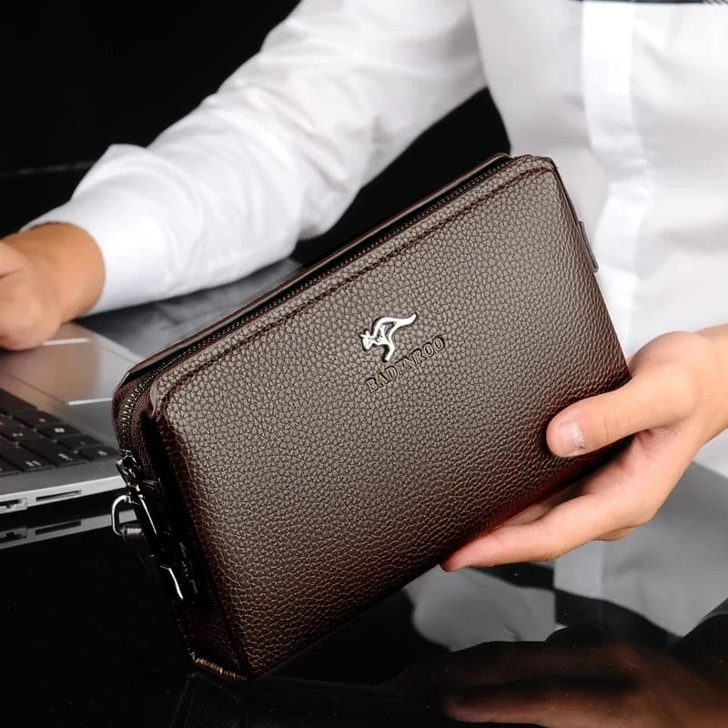 Portefeuille long homme noir en cuir PU, ouvert, montrant multiples fentes pour cartes et compartiments.