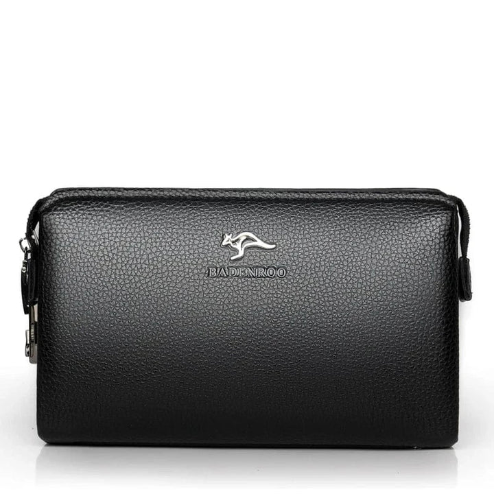 Gros plan sur la texture du cuir PU d'un portefeuille homme long, couleur noir, finition impeccable.