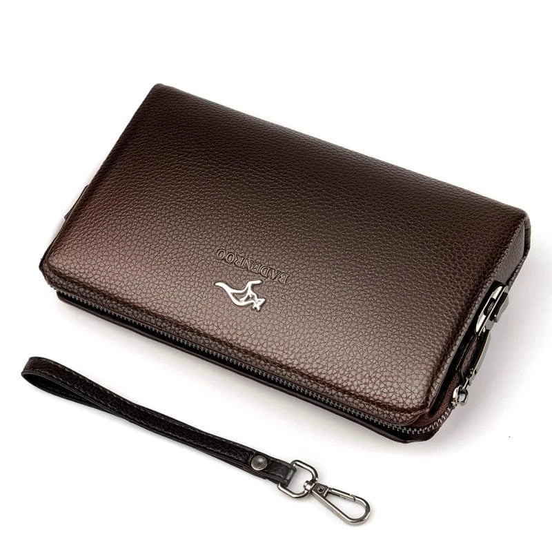 Portefeuille homme en cuir PU marron, posé seul sur une surface, format long, design classique.