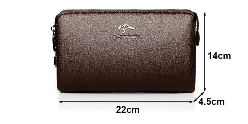 Portefeuille long homme en cuir PU marron, fermé, avec des détails de couture précis et soignés.