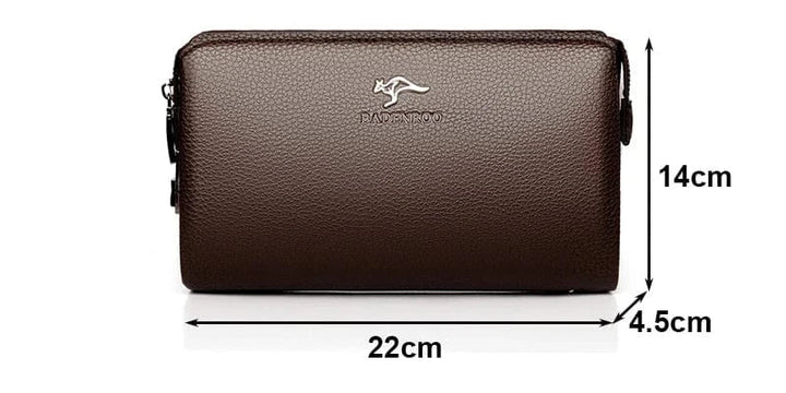 Portefeuille long homme en cuir PU marron, fermé, avec des détails de couture précis et soignés.