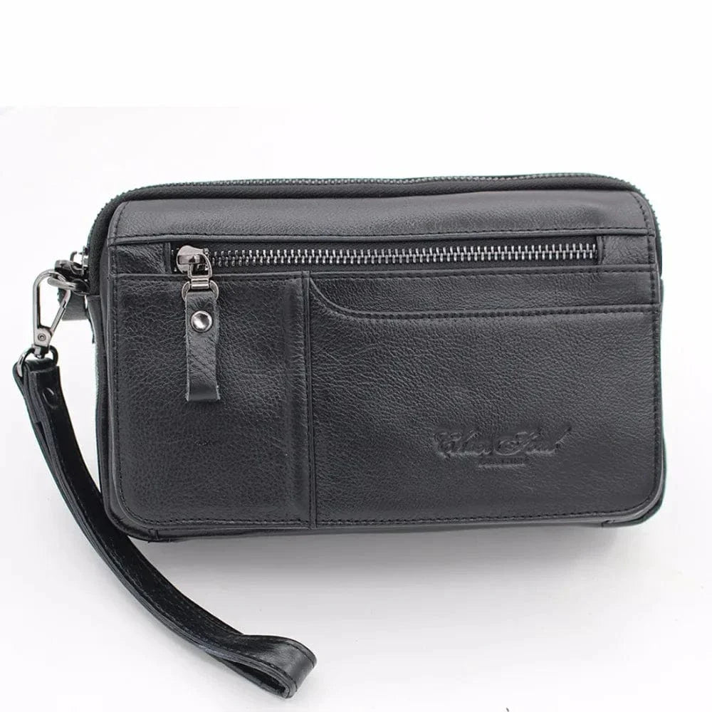 Grand portefeuille homme en cuir véritable noir avec multiples compartiments pour cartes et billets, élégant