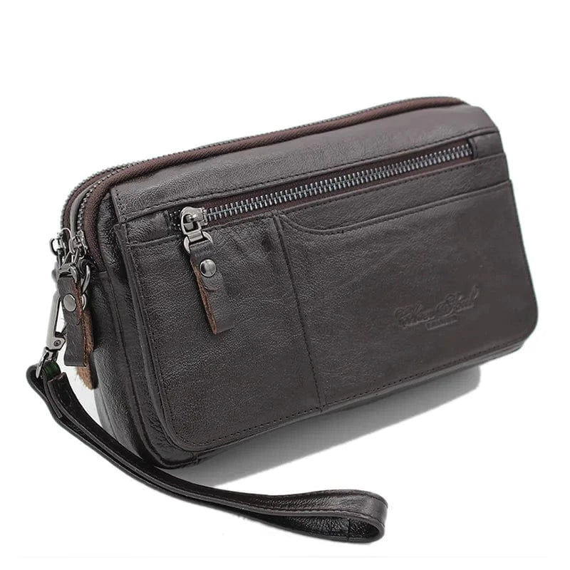 Élégant portefeuille grand format en cuir véritable café, robuste et parfait pour un usage quotidien masculin