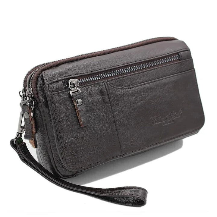 Élégant portefeuille grand format en cuir véritable café, robuste et parfait pour un usage quotidien masculin