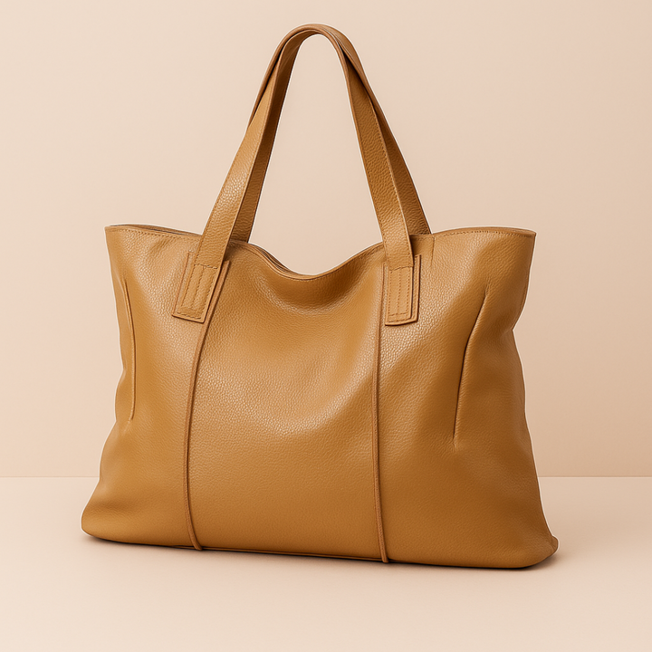 Sac cabas femme en cuir souple camel, grand modèle avec fermeture éclair, parfait pour transporter ordinateur portable.