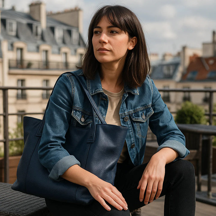 Intérieur spacieux du sac cabas XL en cuir, avec doublure textile et poches, prêt à accueillir vos essentiels.