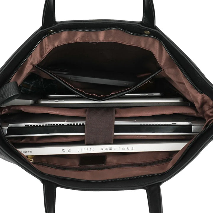 Sac cabas Élise noir avec poignées renforcées, idéal pour documents et ordinateur portable.