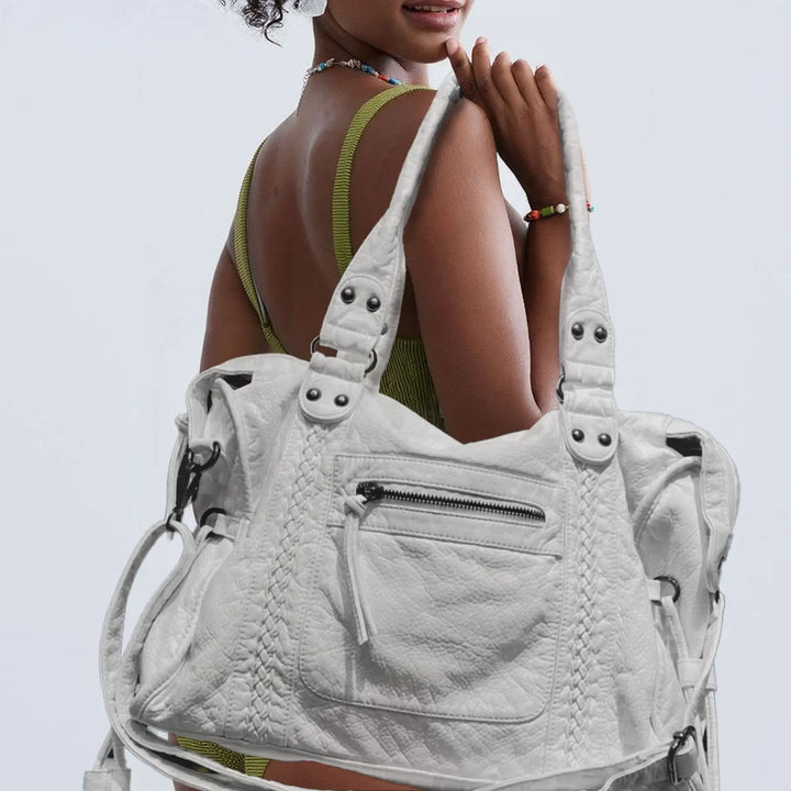 Grand sac de cours blanc élégant pour femme en cuir PU, idéal pour étudiants et travail.
