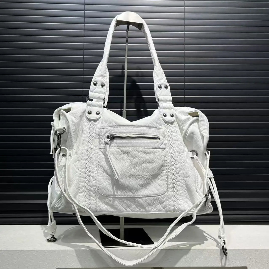 Sac à main blanc organisé pour femme, grand format en cuir PU, parfait pour cours et travail.