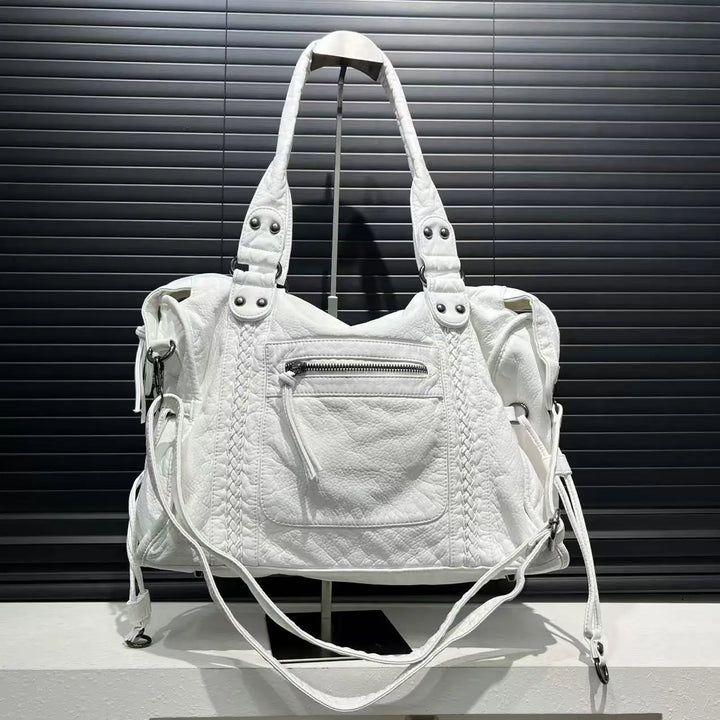 Sac à main blanc organisé pour femme, grand format en cuir PU, parfait pour cours et travail.