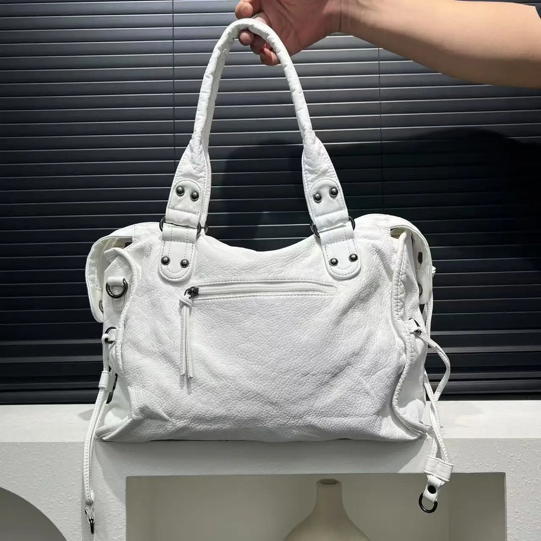 Sac femme blanc en cuir PU, grand et élégant, polyvalent pour études, travail ou quotidien.