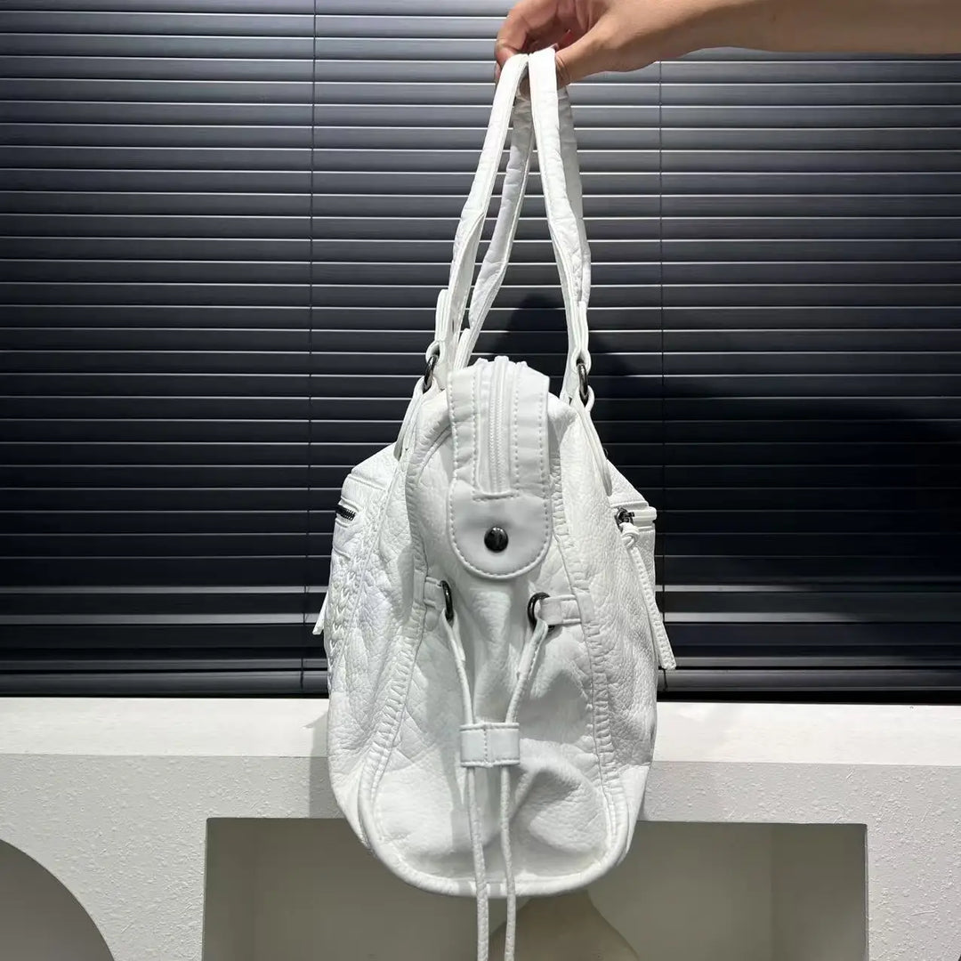 Sac épaule blanc grand format, élégant et pratique pour femme, en cuir PU, pour cours ou bureau.
